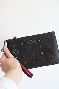 Coach Smooth Black Leather Tea Rose Wristlet Wallet