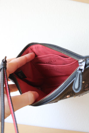 Coach Smooth Black Leather Tea Rose Wristlet Wallet