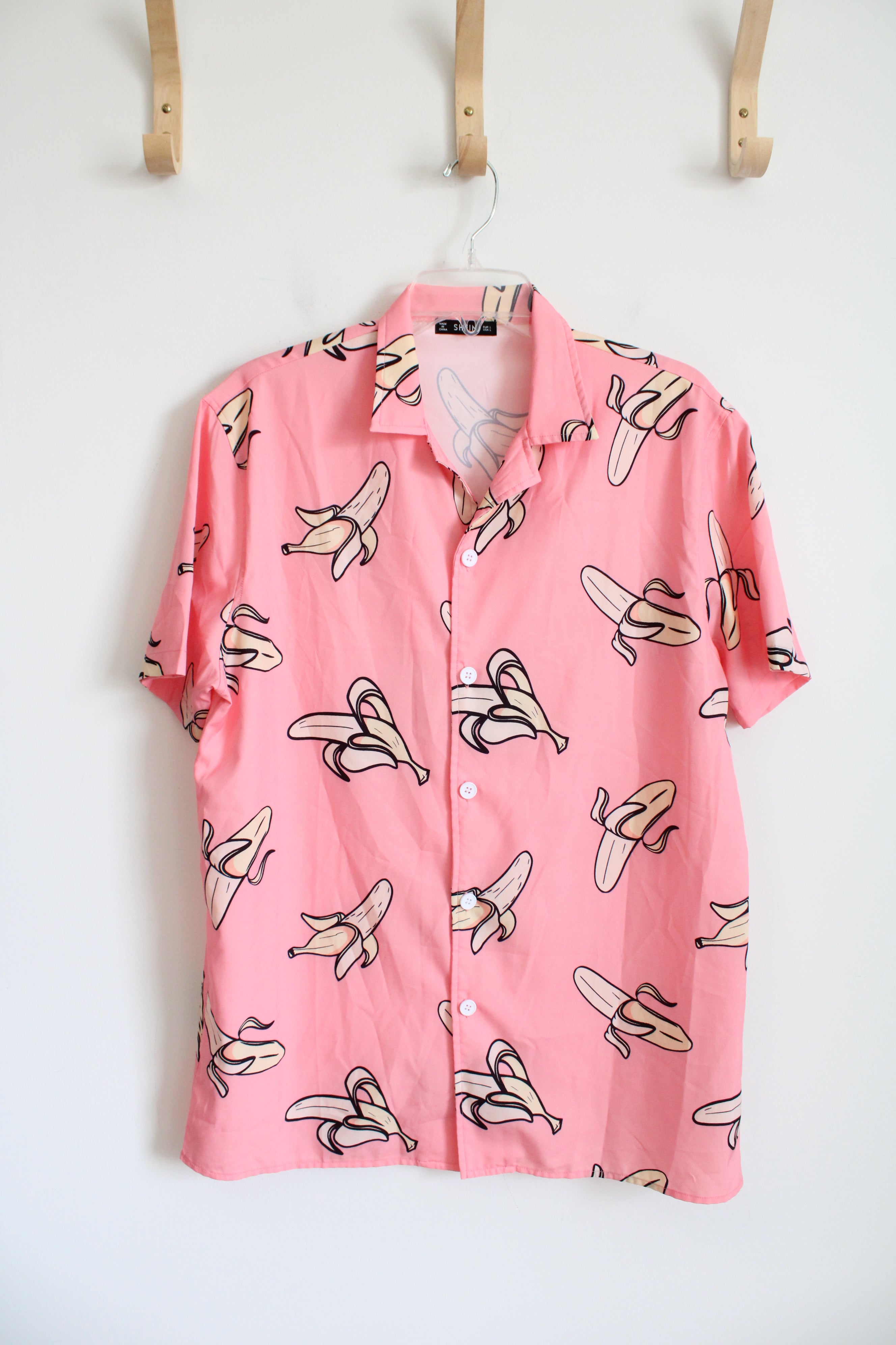 Shein Pink Banana Short Sleeved Button Down Shirt | L