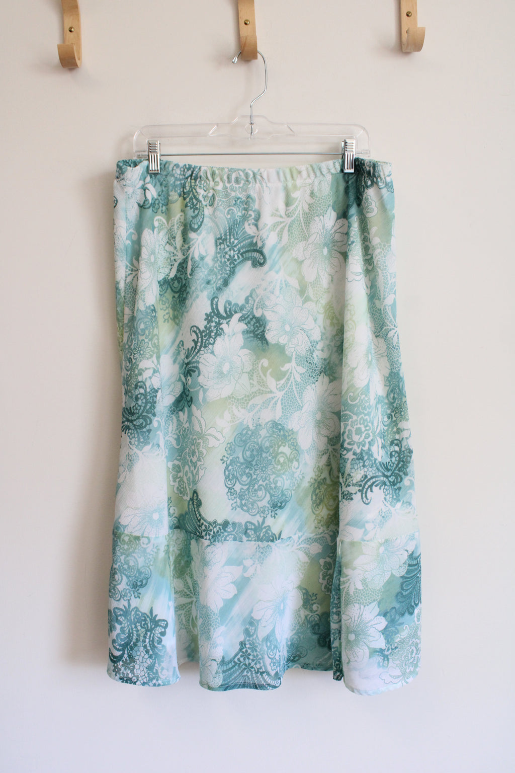 Alfred Dunner Blue Green & White Floral Midi Skirt | 14