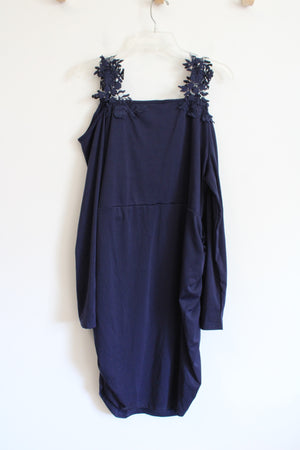 Shein Curve Navy Long Sleeved Cold Shoulder Ruched Dress | 4XL