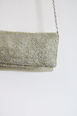 NEW Vintage Neiman Marcus Silver Yellow Rhinestone Zip Crossbody Bag