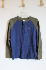 Lacoste Olive Green & Blue Waffle Knit Long Sleeved Henley Shirt | Youth 10