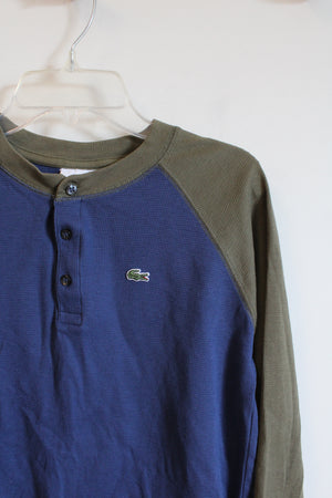 Lacoste Olive Green & Blue Waffle Knit Long Sleeved Henley Shirt | Youth 10