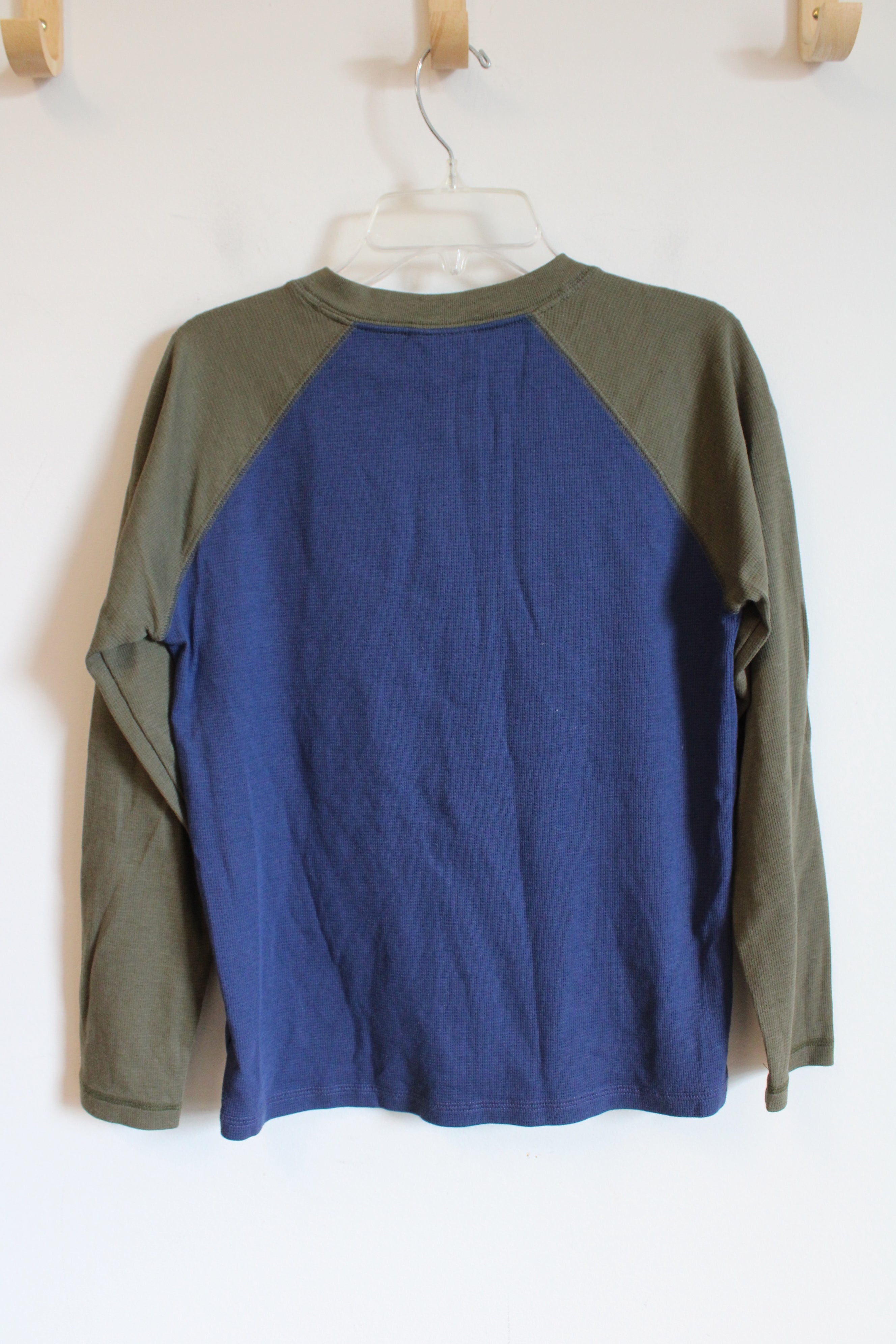 Lacoste Olive Green & Blue Waffle Knit Long Sleeved Henley Shirt | Youth 10