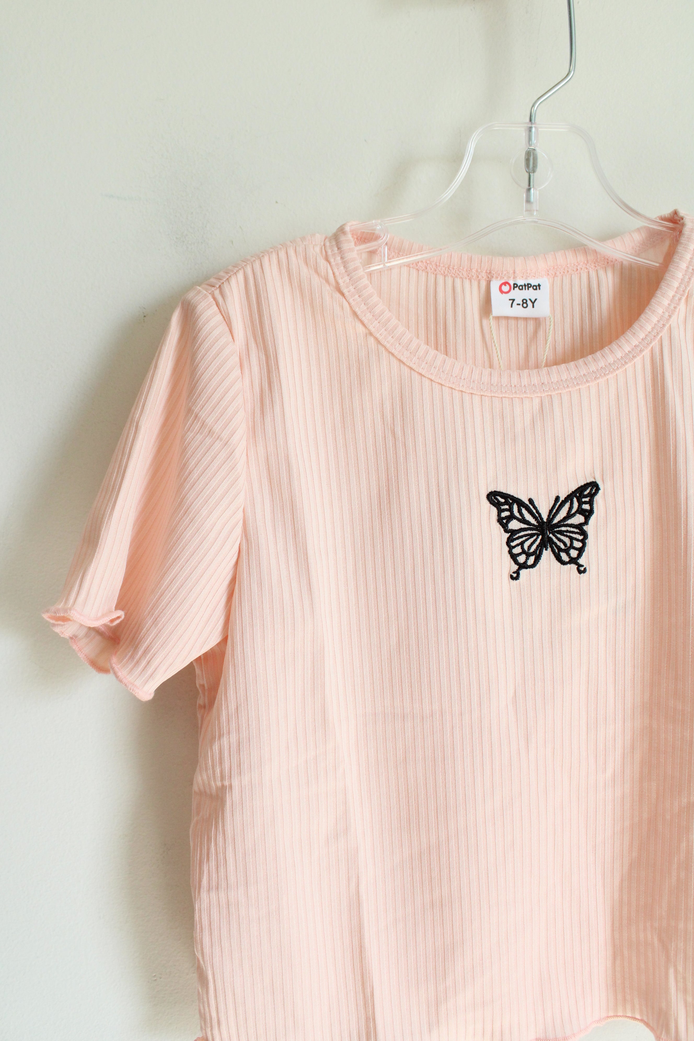 NEW PatPat Light Pink Ribbed Cropped Butterfly Shirt | Youth 7/8