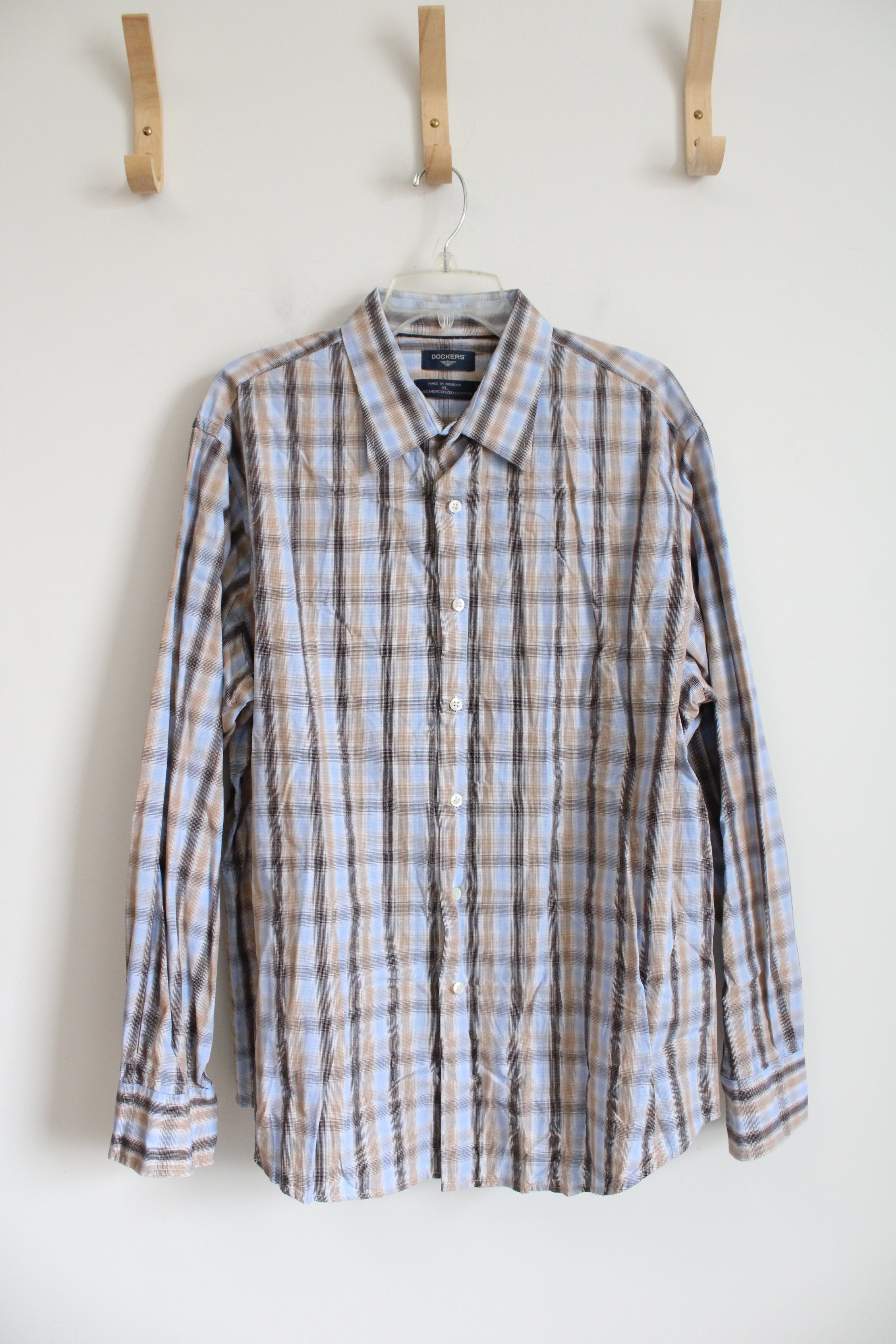 Dockers Blue & Brown Plaid Button Down Cotton Shirt | XL