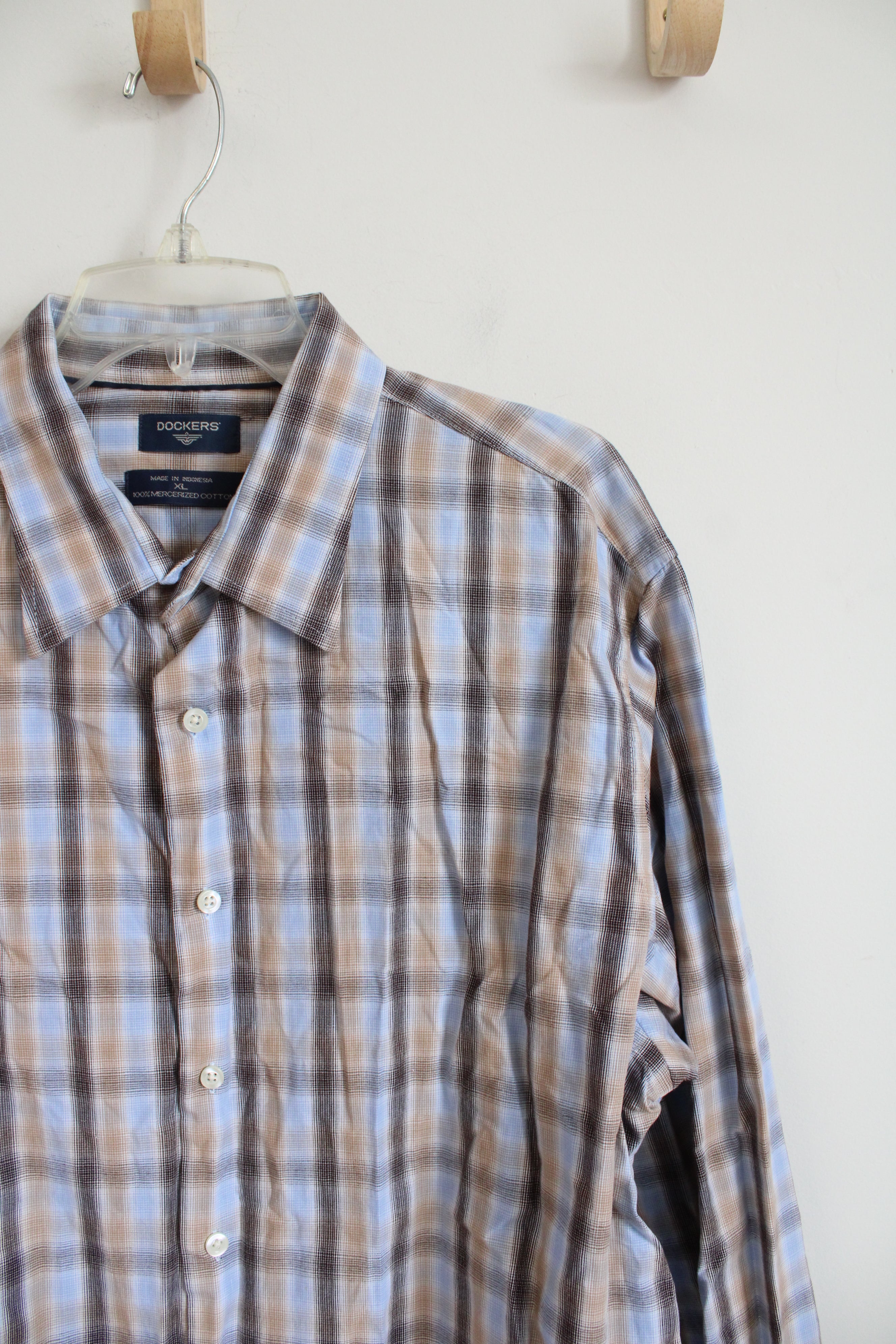 Dockers Blue & Brown Plaid Button Down Cotton Shirt | XL