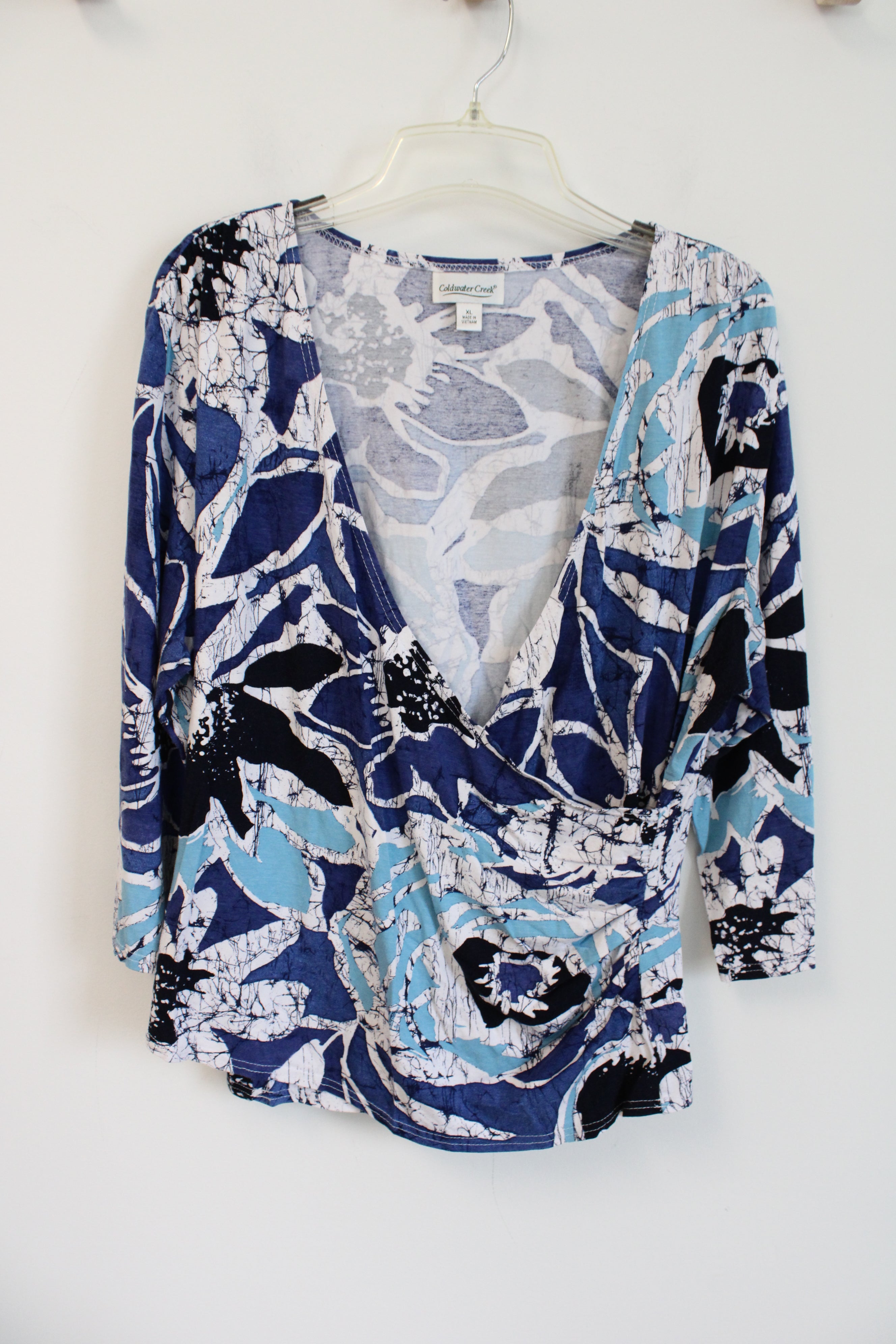 Coldwater Creek Blue Patterned Wrap Top | XL