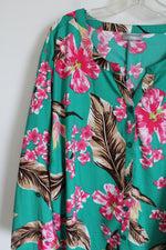 Catherines Brown & Pink Floral Green Button Down Top | 4XL