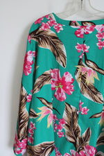 Catherines Brown & Pink Floral Green Button Down Top | 4XL