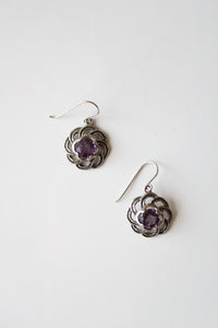 Amathyst Purple Stone Sterling Silver Medallion Earrings