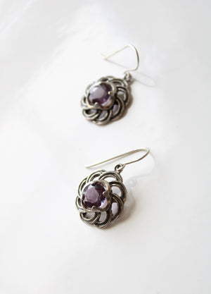 Amathyst Purple Stone Sterling Silver Medallion Earrings