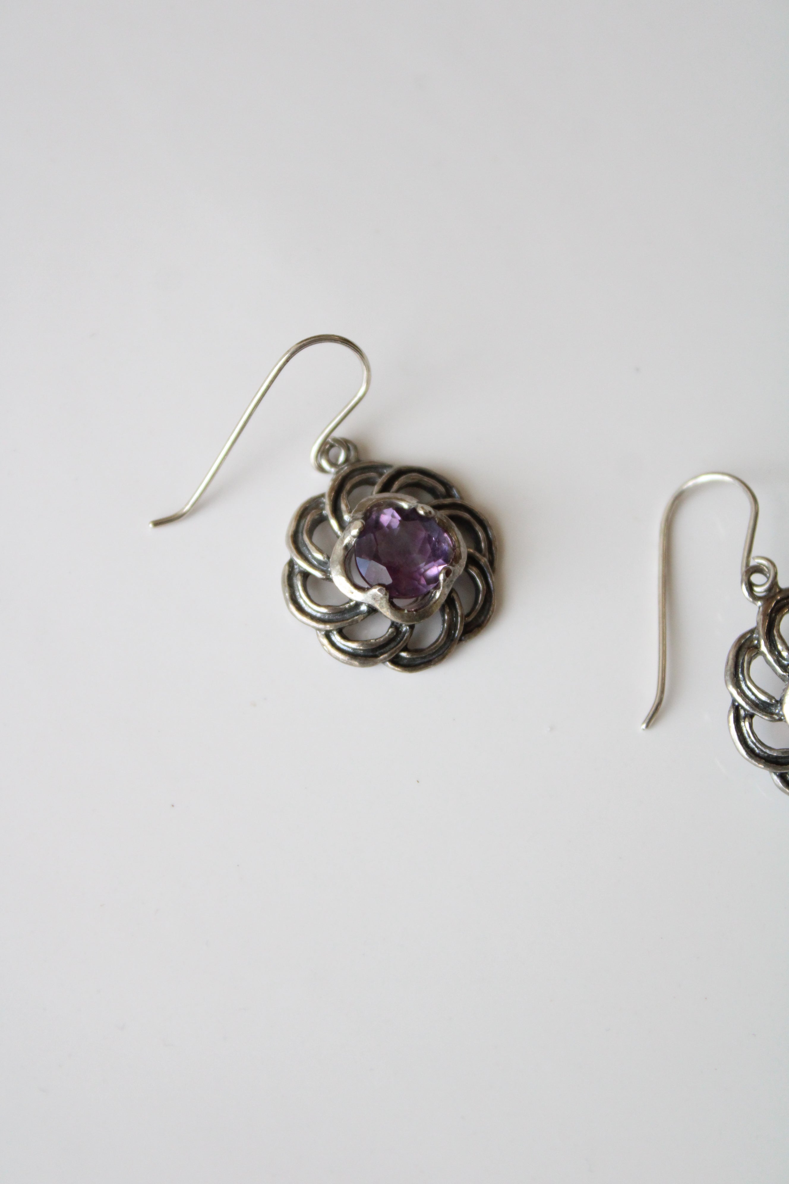 Amathyst Purple Stone Sterling Silver Medallion Earrings