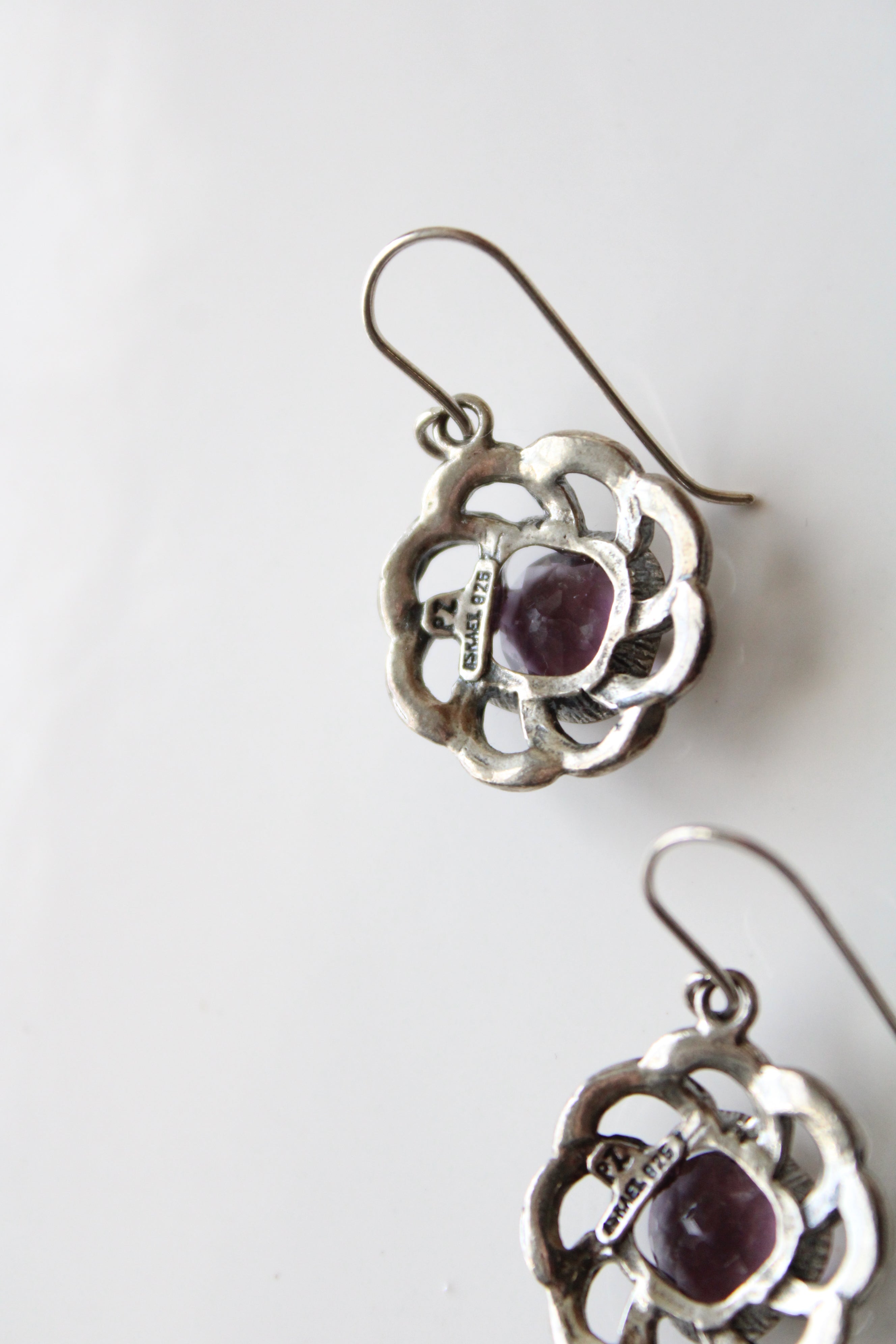 Amathyst Purple Stone Sterling Silver Medallion Earrings