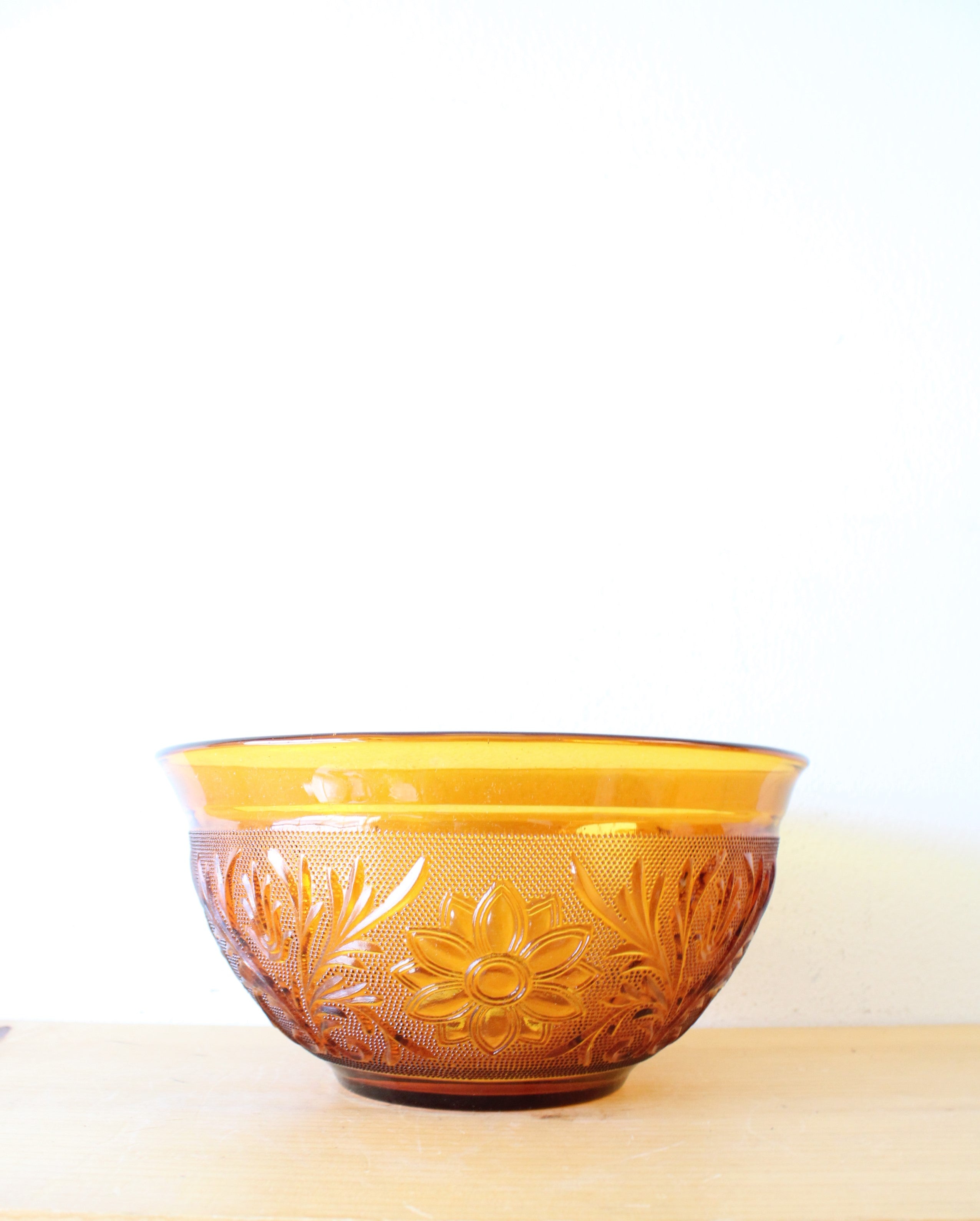 Anchor Hocking Floral Etched Amber Glass Bowl