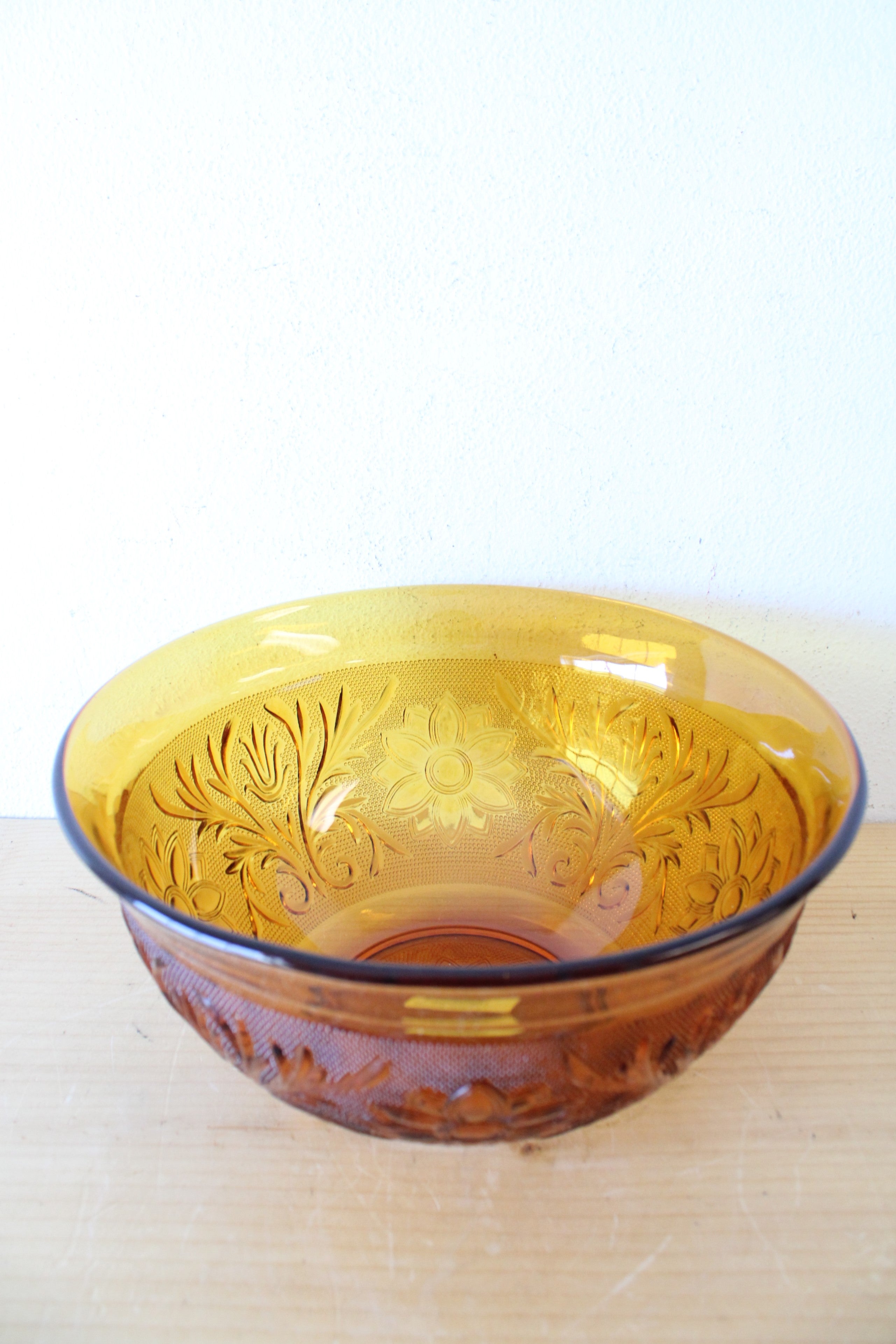 Anchor Hocking Floral Etched Amber Glass Bowl