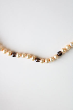 Tan Genuine Pearl & Brown Glass Bead 14K Clasp Necklace