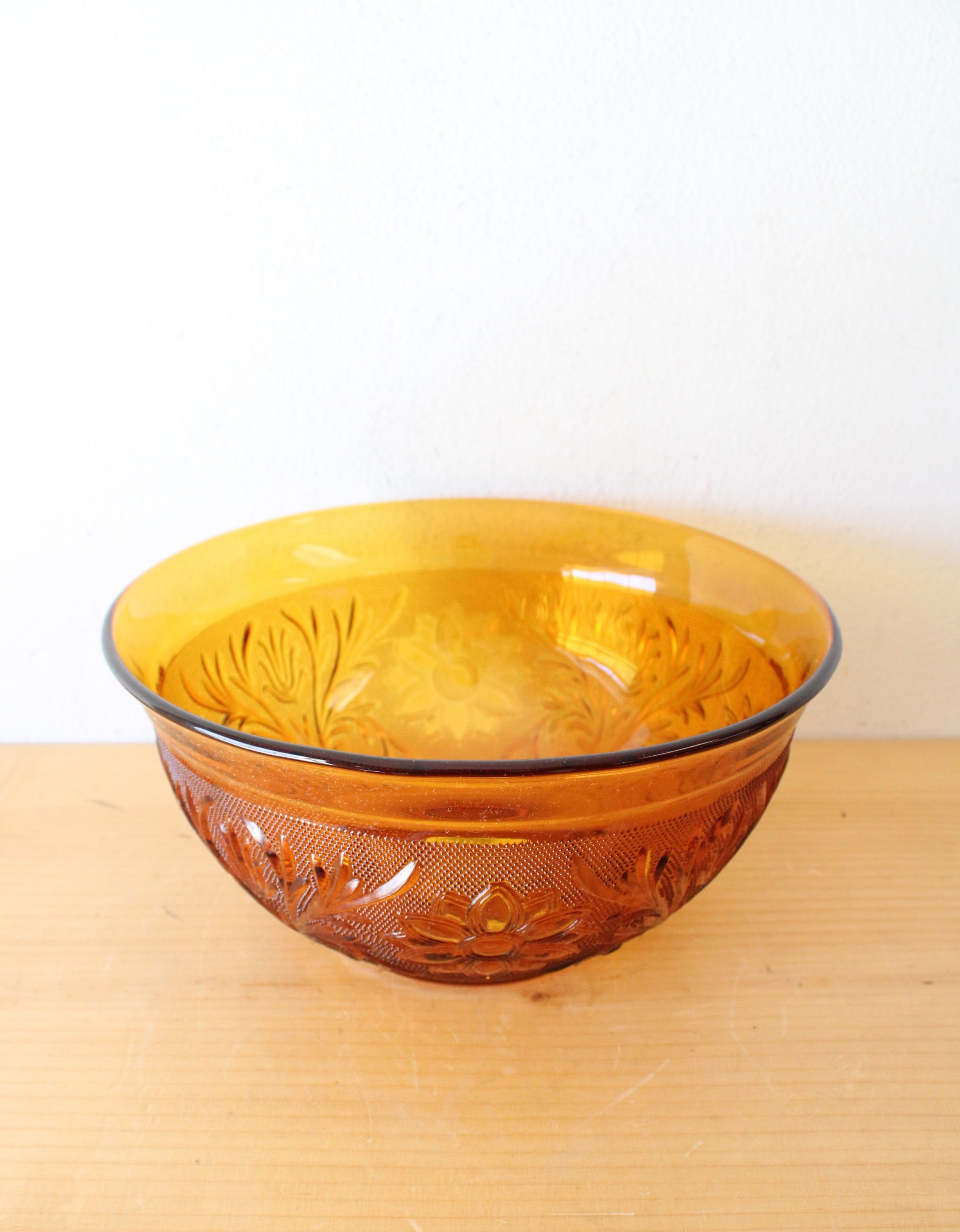 Anchor Hocking Floral Etched Amber Glass Bowl