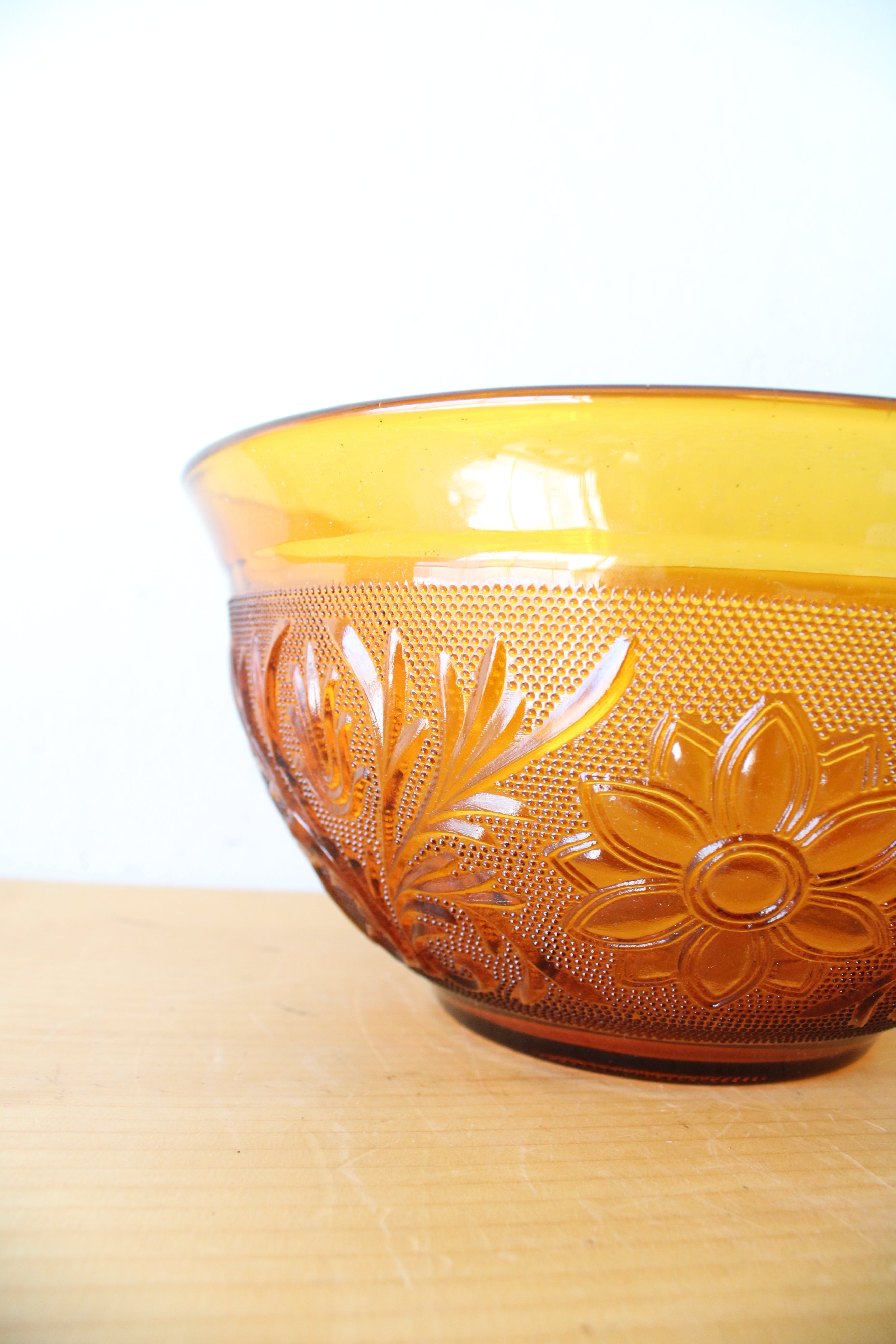 Anchor Hocking Floral Etched Amber Glass Bowl