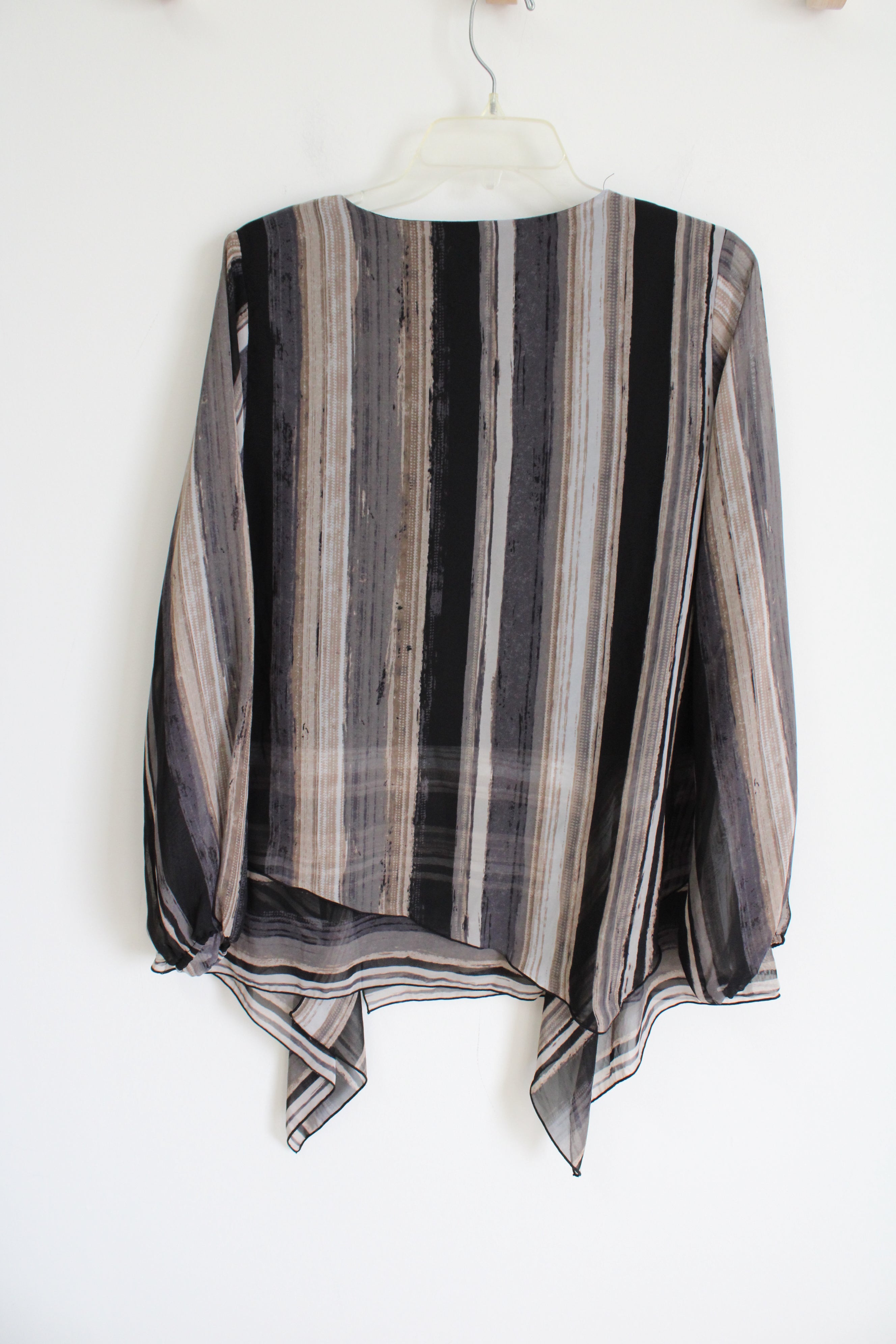 Susan Graver Gray Tan Black Striped Chiffon Blouse | S