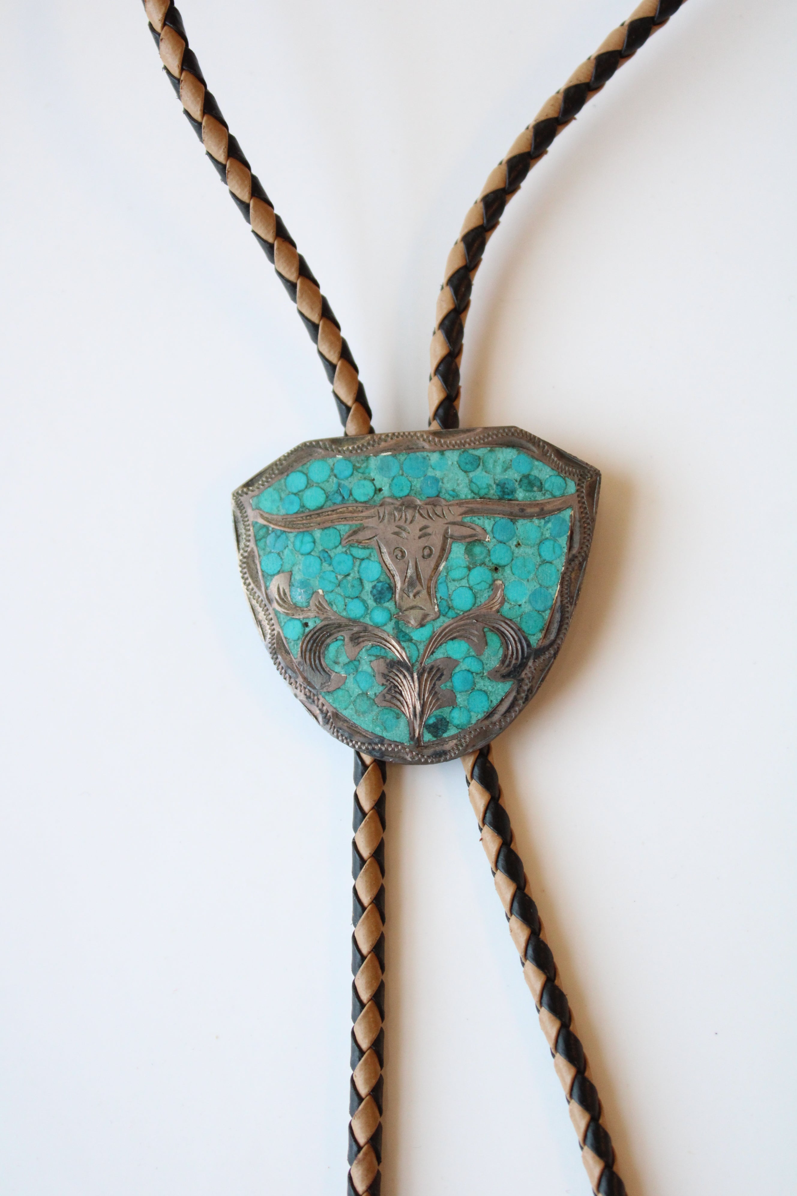 Turquoise Leather Braided Bolo Tie