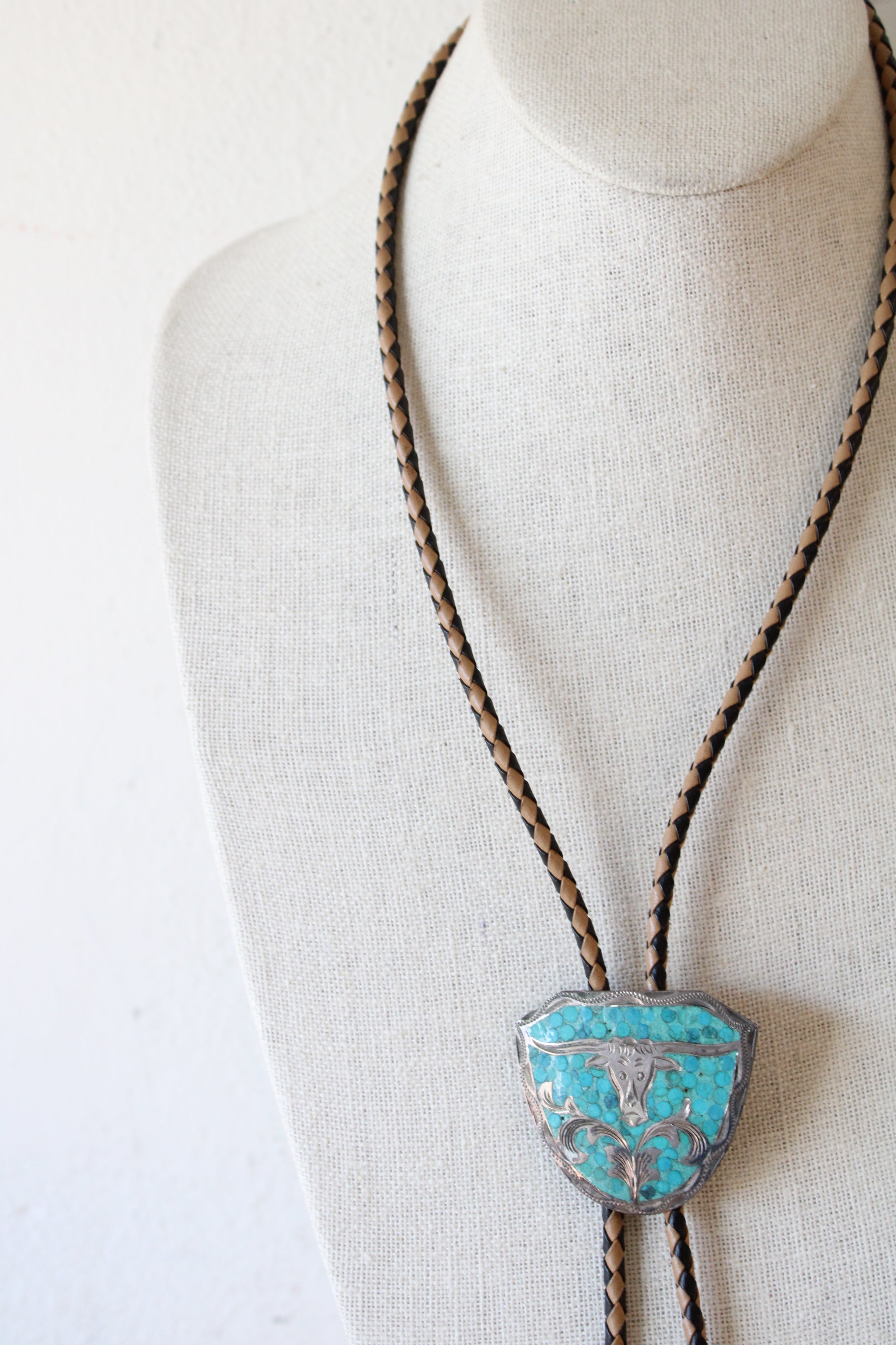 Turquoise Leather Braided Bolo Tie