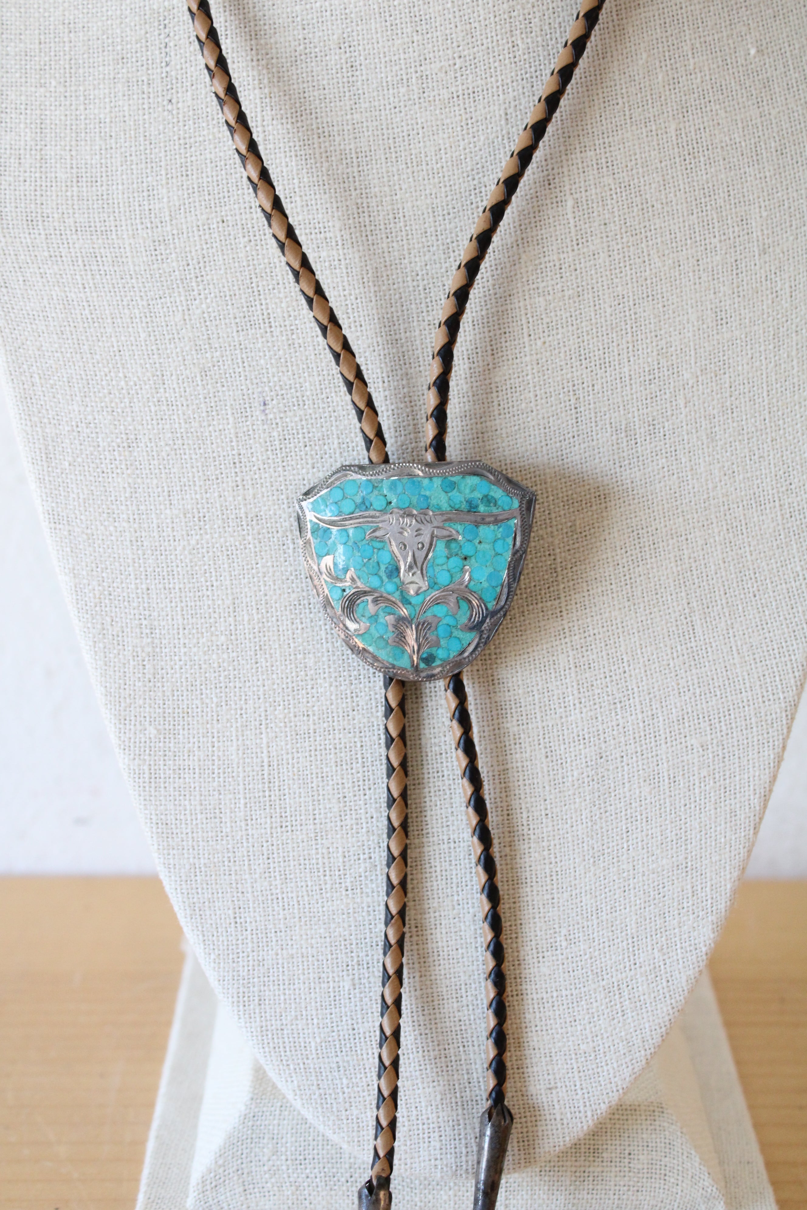 Turquoise Leather Braided Bolo Tie