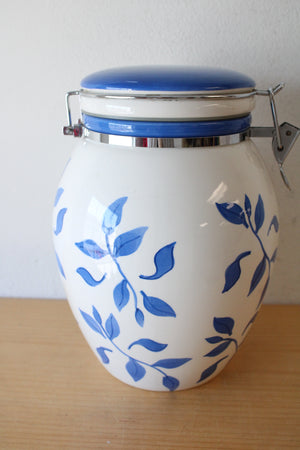 Inspirado StoneLite Hand Painted Blue Leaf Pattern Cannister