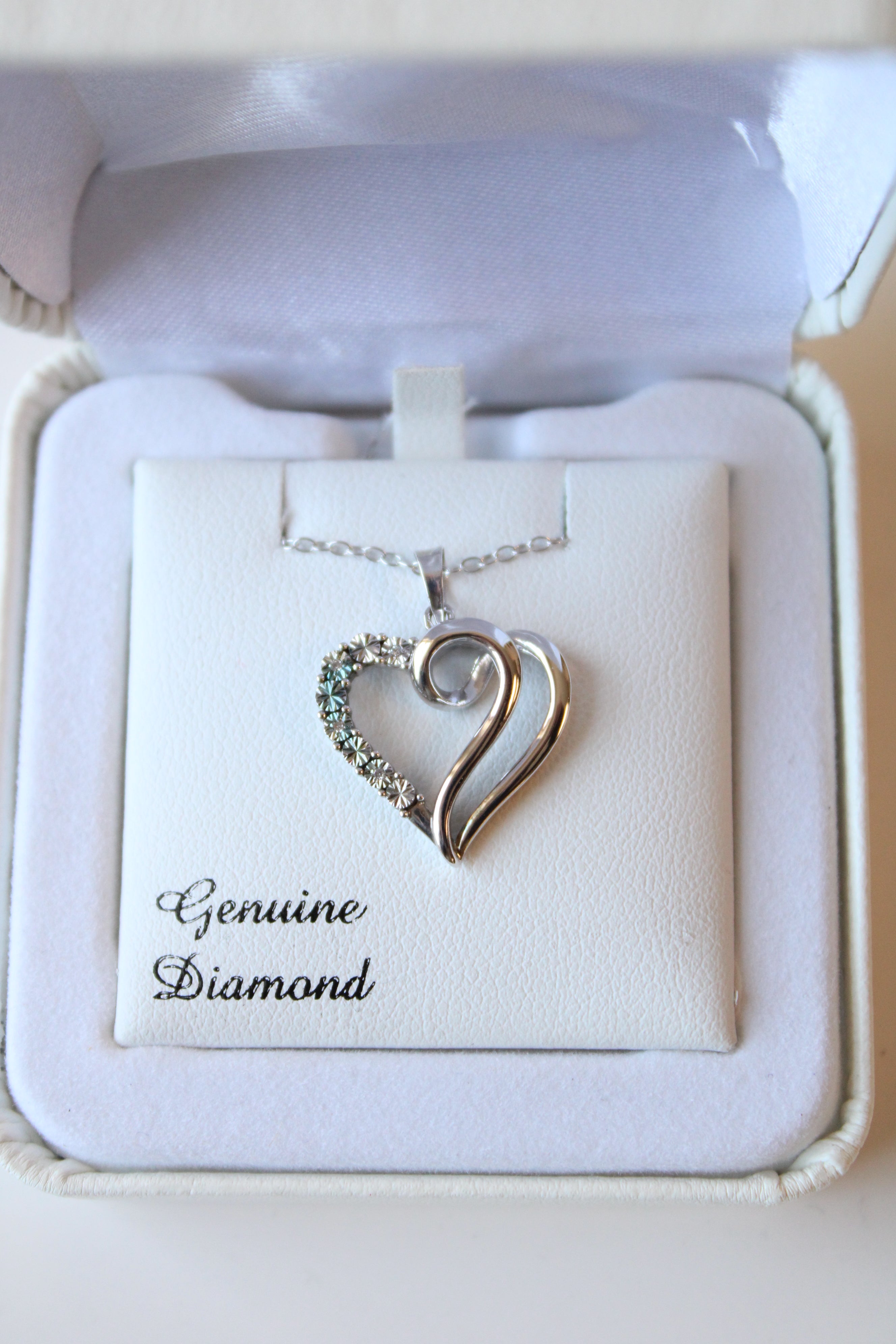 NEW SS Swirl Genuine Diamond Heart Pendant Necklace