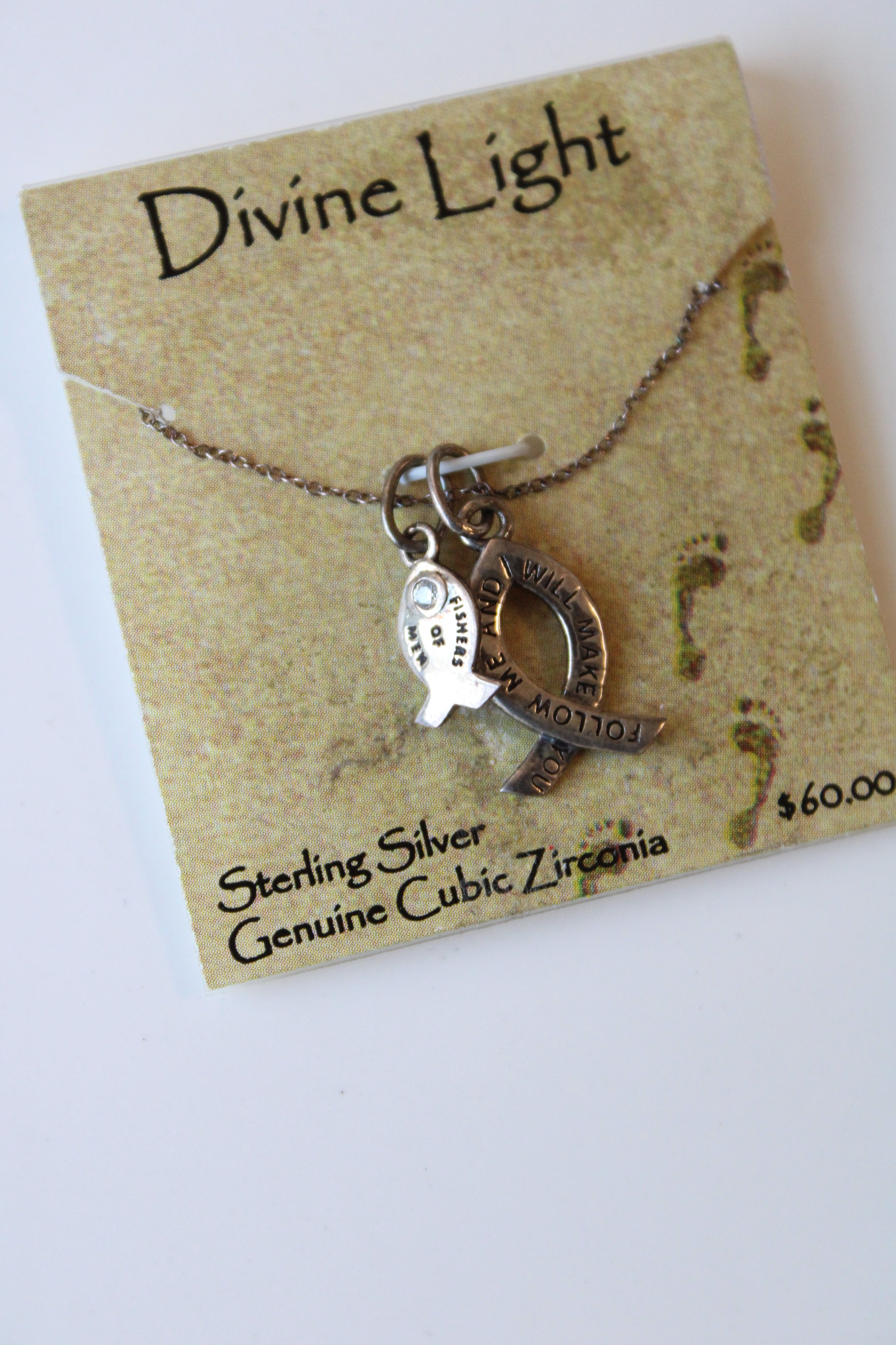 NEW Divine Light Sterling Silver Genuine Cubic Zirconia "Fishers Of Men" Fish Pendant Necklace