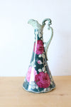 Vintage Green Hand Painted Floral Textured Handled Vase