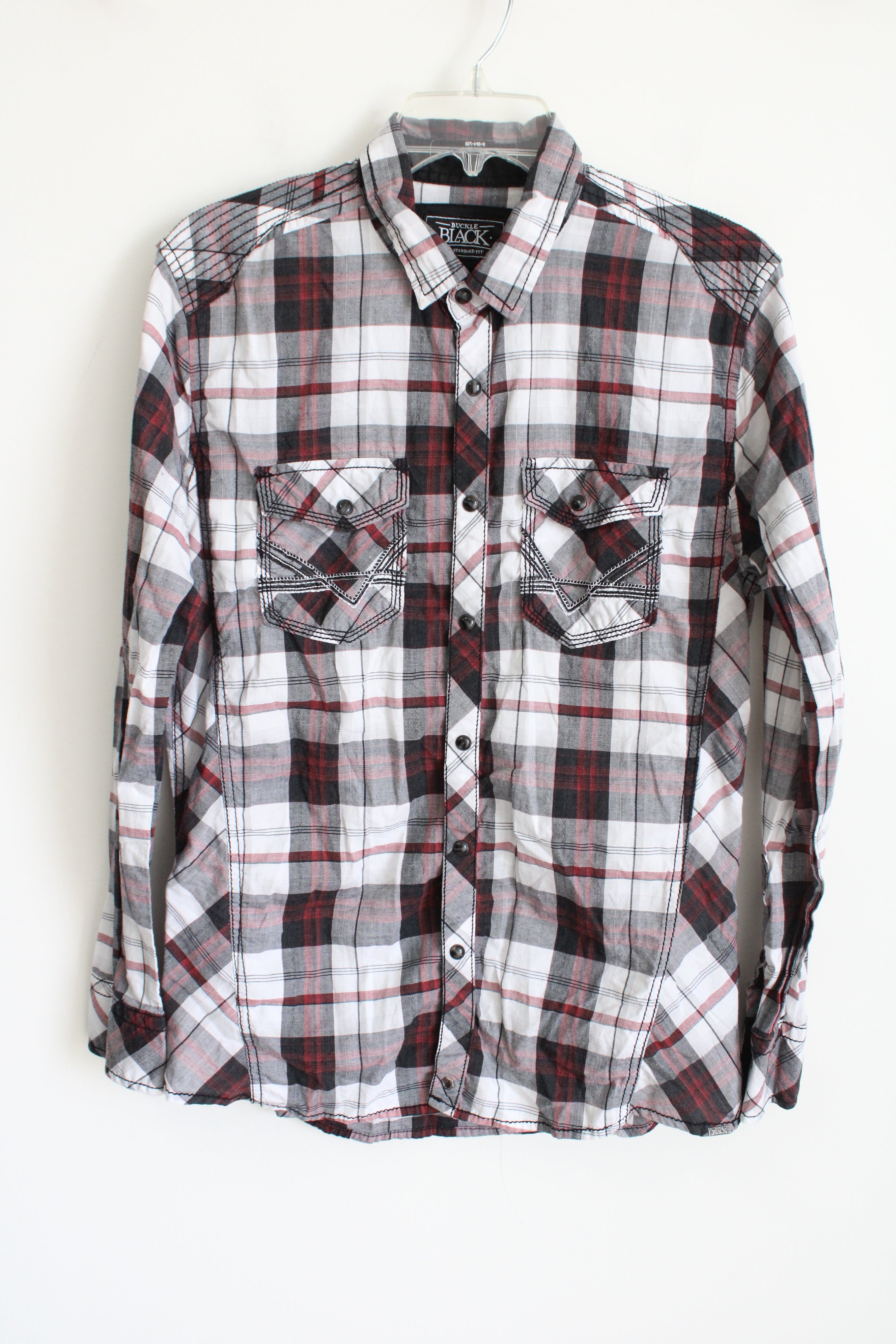 Buckle Standard Fit Black Gray Red Plaid Pearl Snap Shirt | M