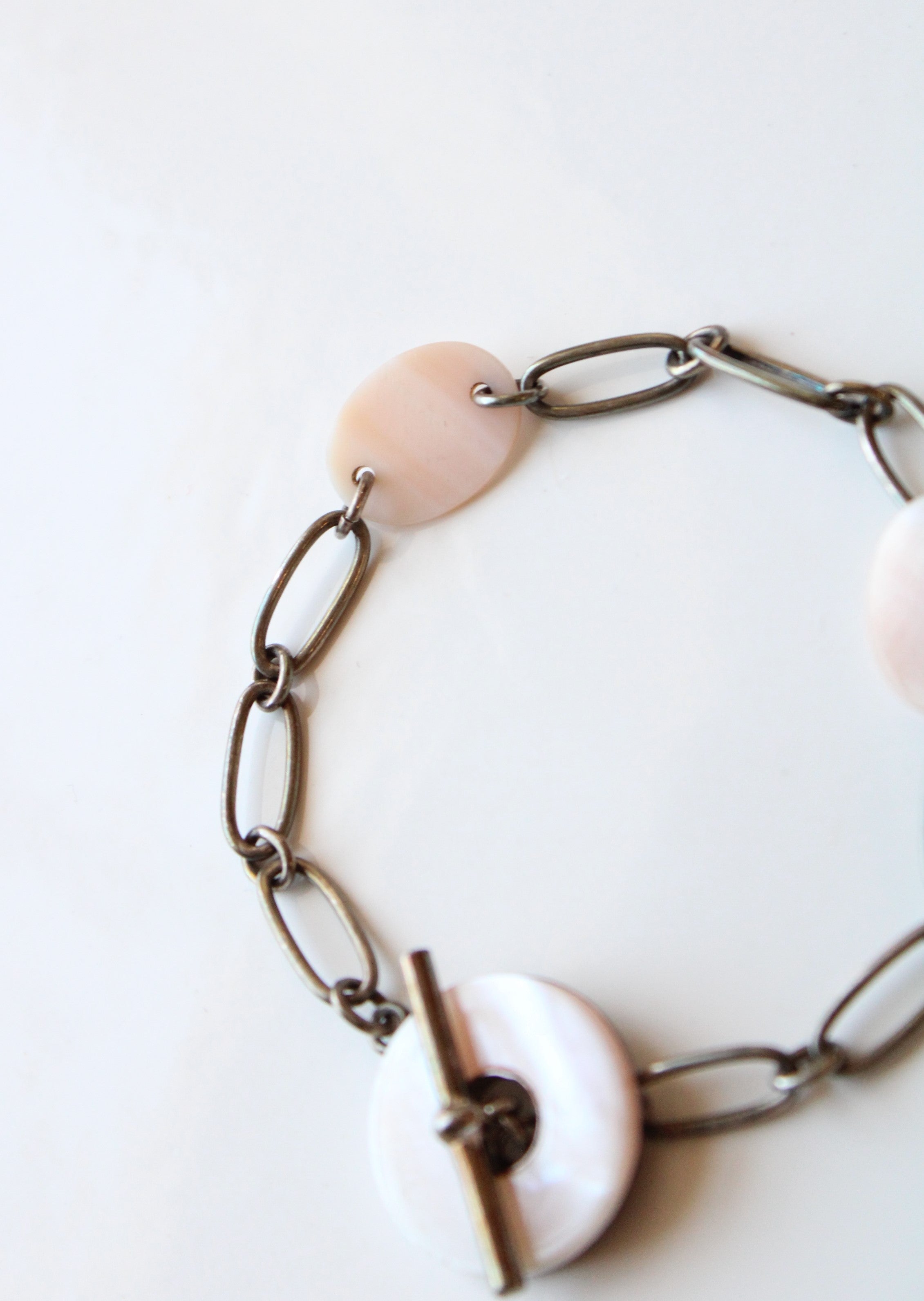 Sterling Silver Pink Stone Charm Toggle Clasp Bracelet