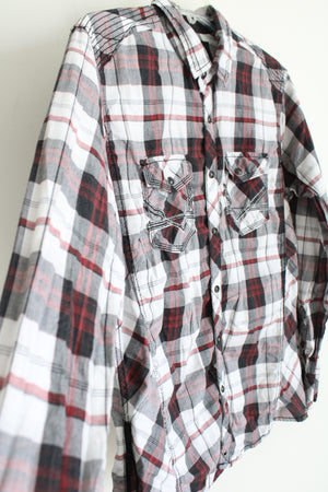 Buckle Standard Fit Black Gray Red Plaid Pearl Snap Shirt | M