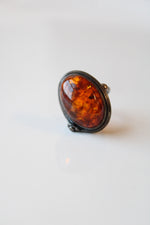 Oval Amber Stone Sterling Silver Ring | Size 6