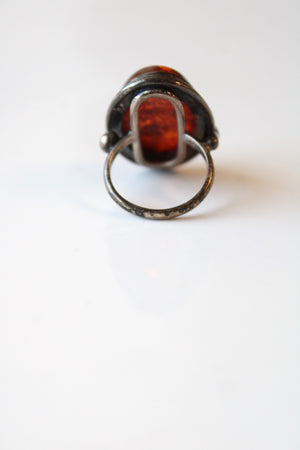 Oval Amber Stone Sterling Silver Ring | Size 6