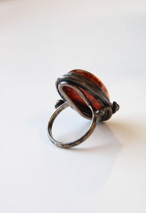 Oval Amber Stone Sterling Silver Ring | Size 6