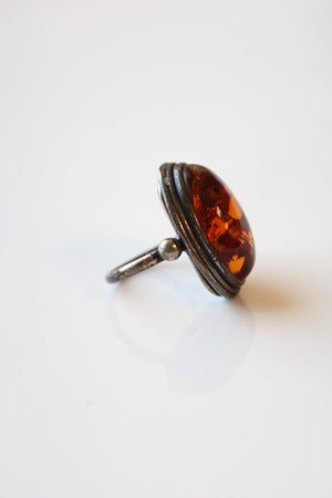 Oval Amber Stone Sterling Silver Ring | Size 6