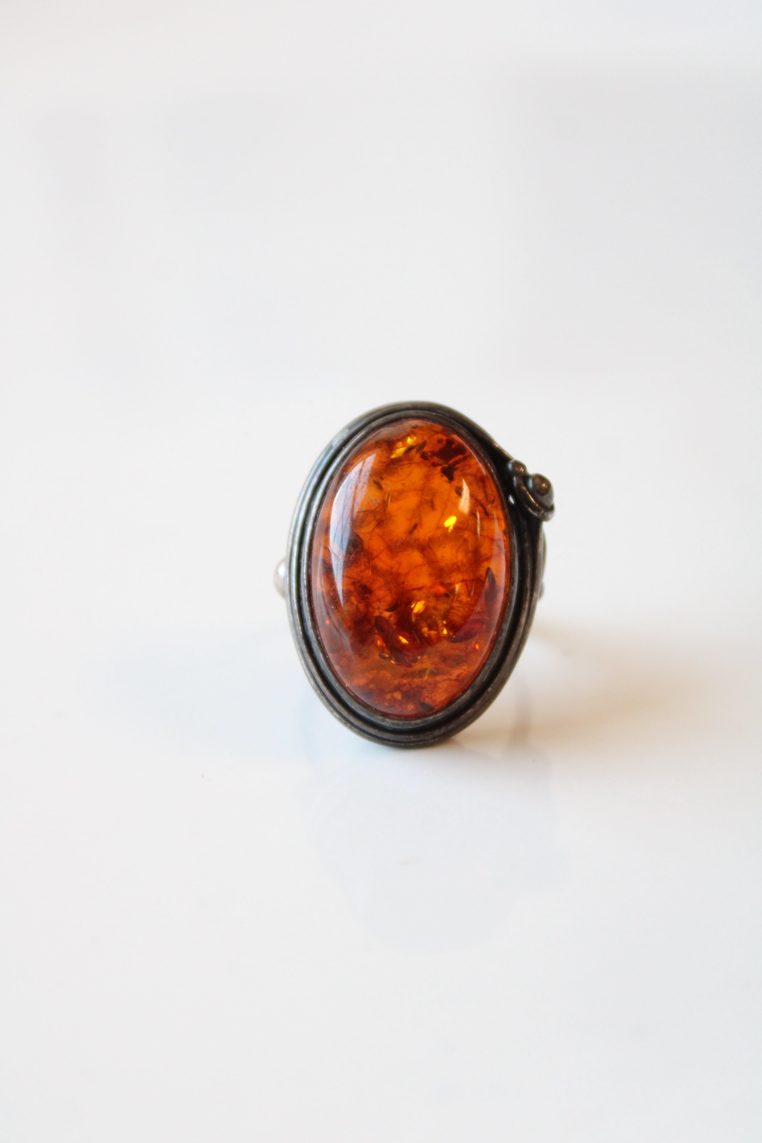 Oval Amber Stone Sterling Silver Ring | Size 6