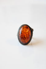 Oval Amber Stone Sterling Silver Ring | Size 6