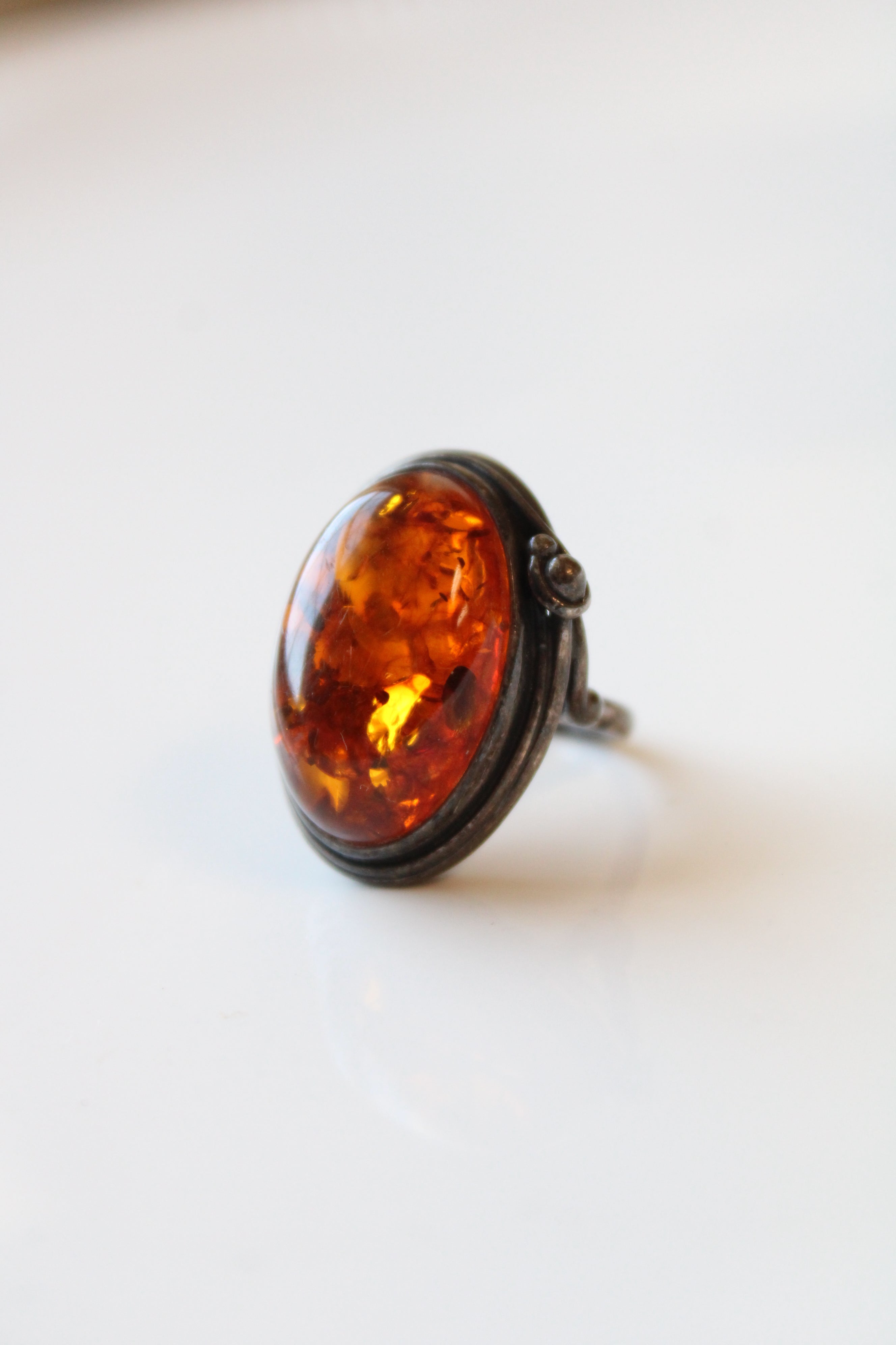 Oval Amber Stone Sterling Silver Ring | Size 6