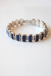 Rectangle Blue Marble Silver Chain Bracelet