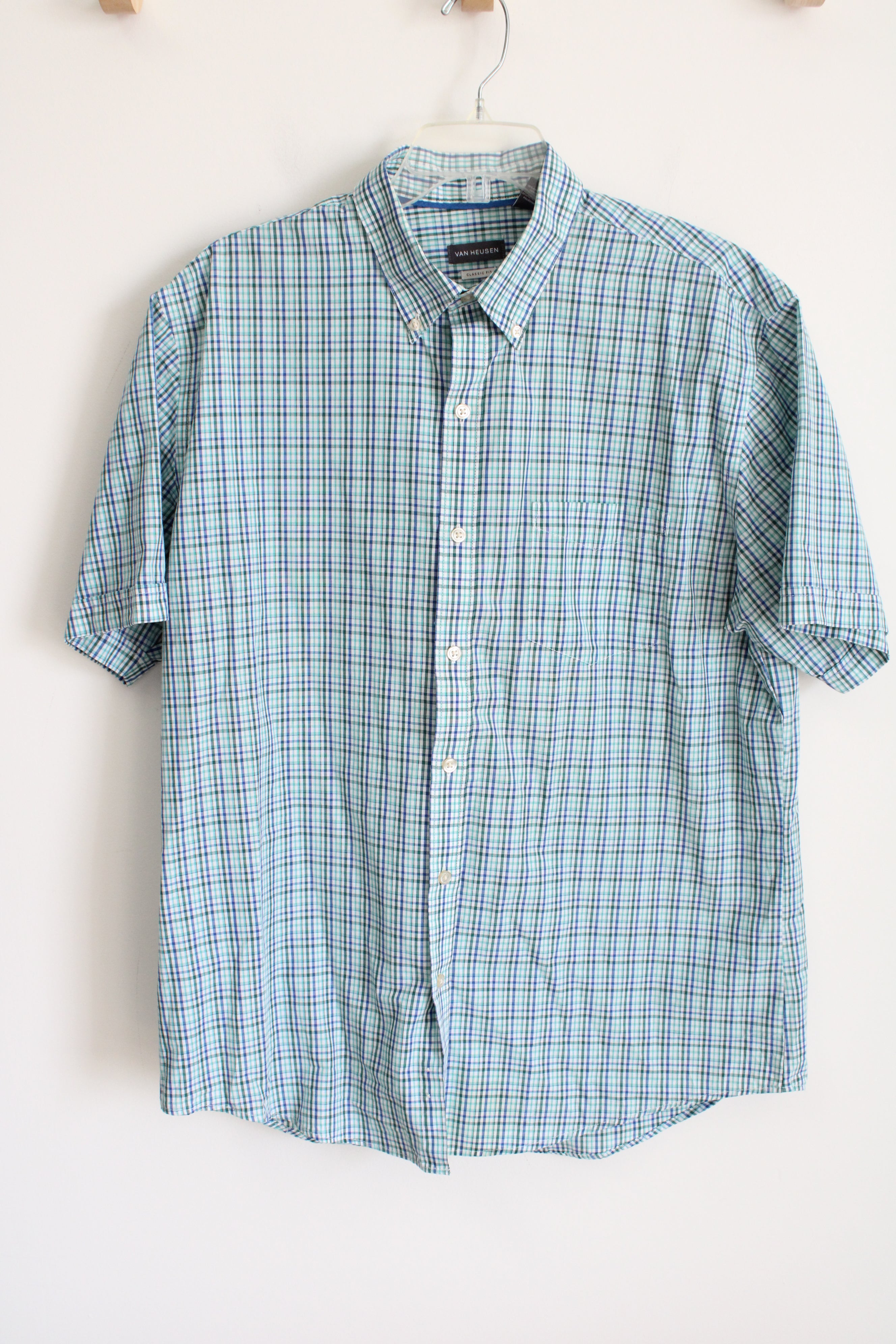 Van Heusen Classic Fit Blue Green Plaid Button Down Shirt | L 16-16 1/2