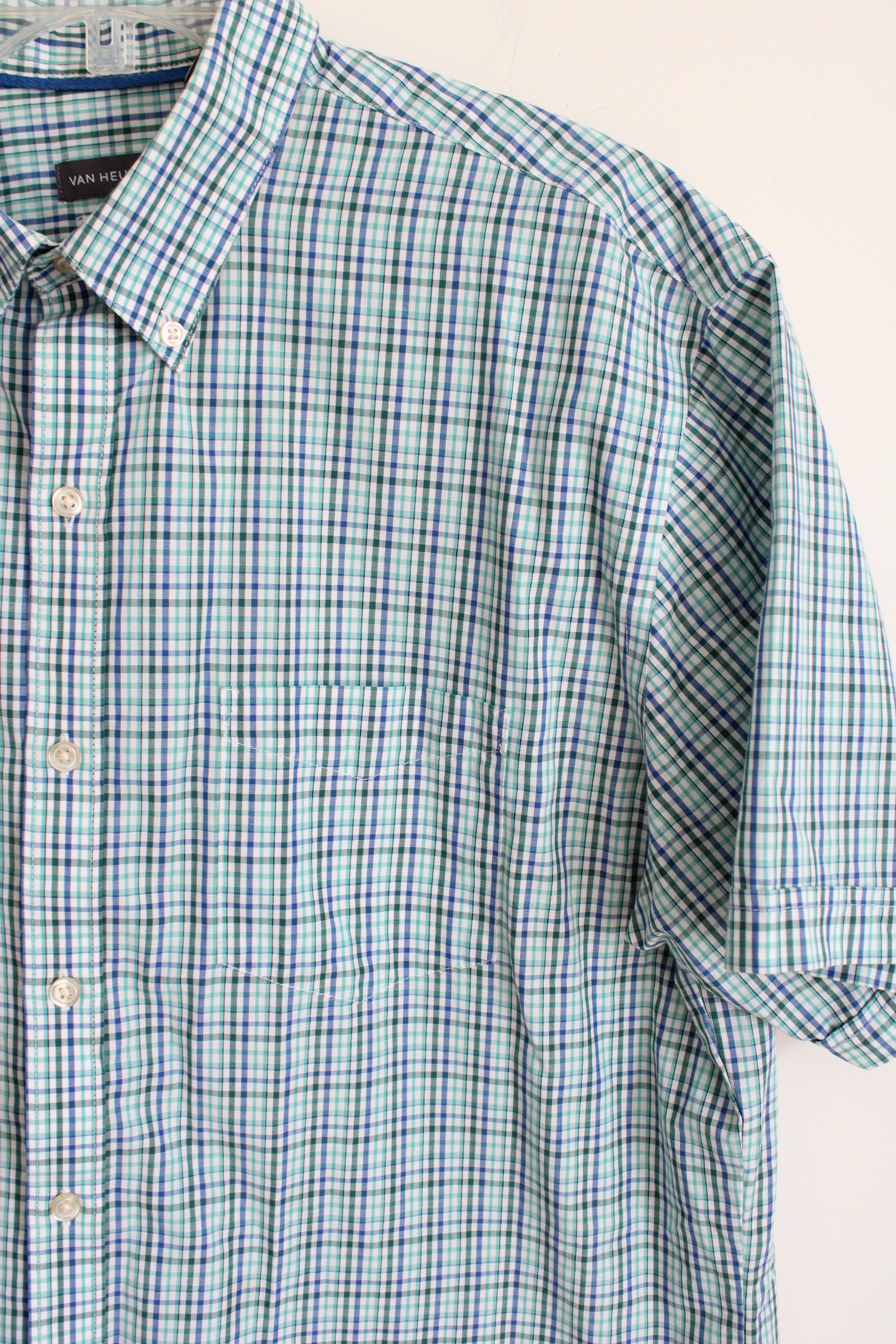 Van Heusen Classic Fit Blue Green Plaid Button Down Shirt | L 16-16 1/2