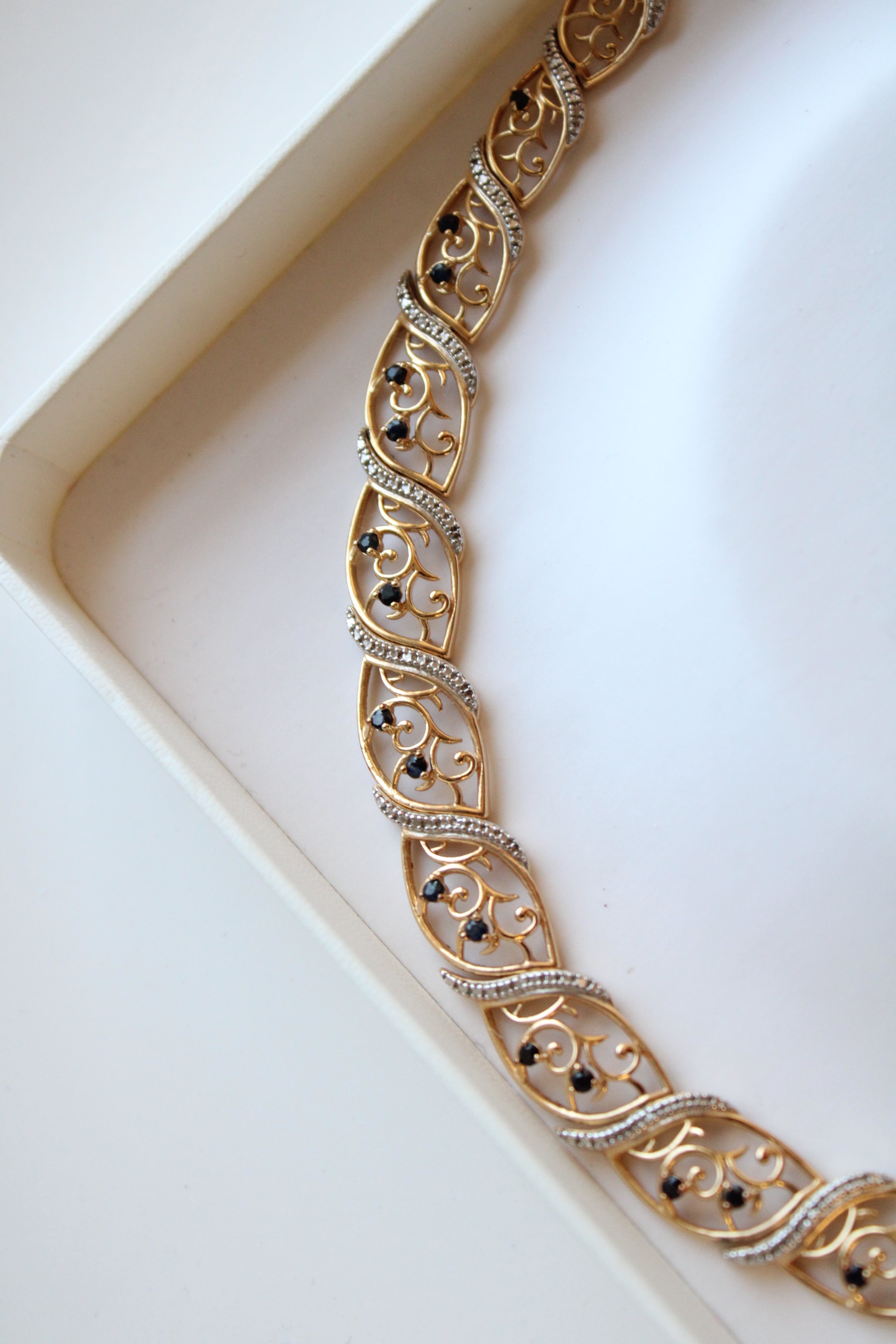 18kt Gold Over Sterling Silver Diamond & Sapphire Accent Graduated Marquis Filigree Necklace