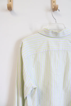 Lands' End Green & White Striped Button Down Top | 18