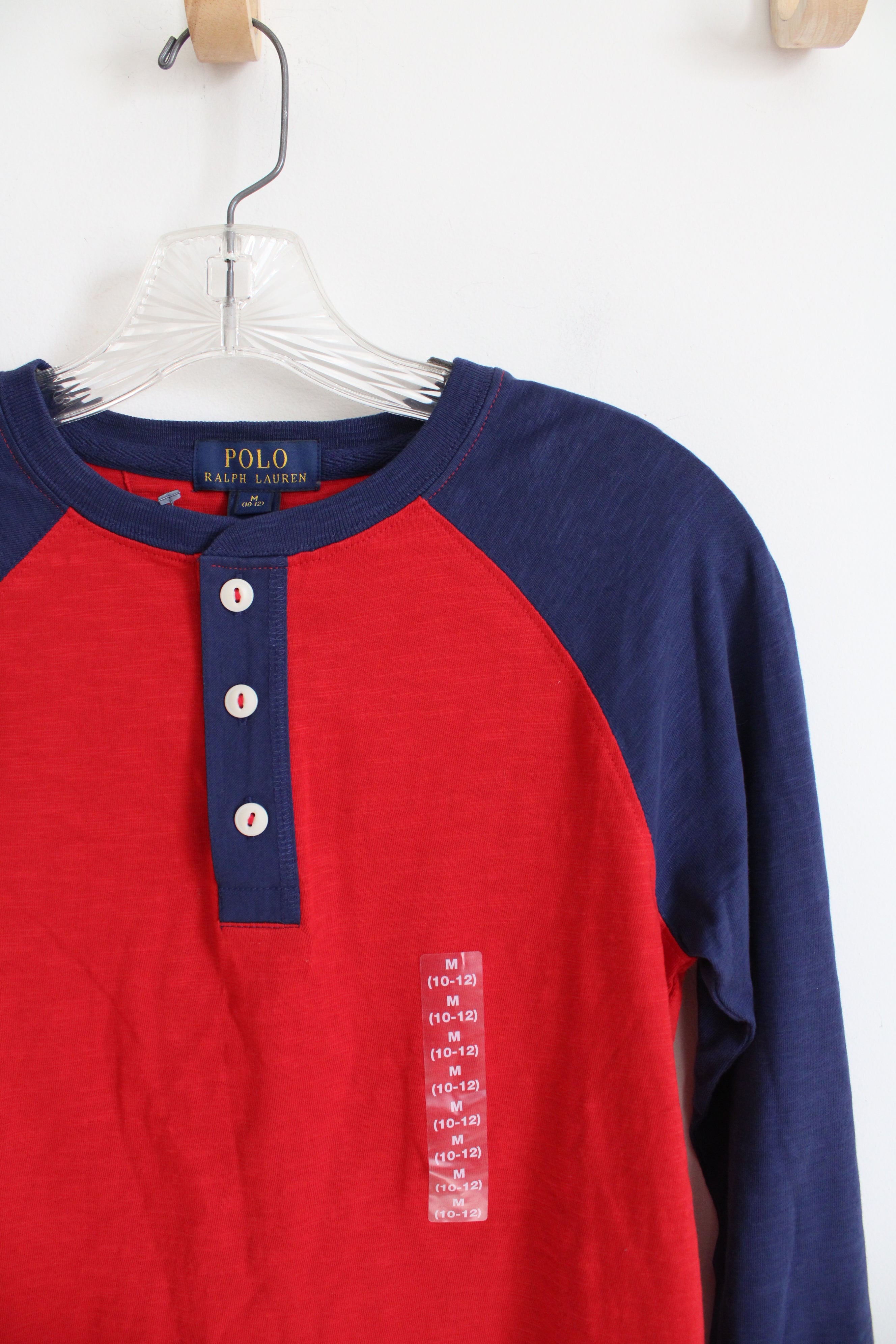 NEW Polo Ralph Lauren Blue & Red Long Sleeved Henley Shirt | Youth M (10/12)