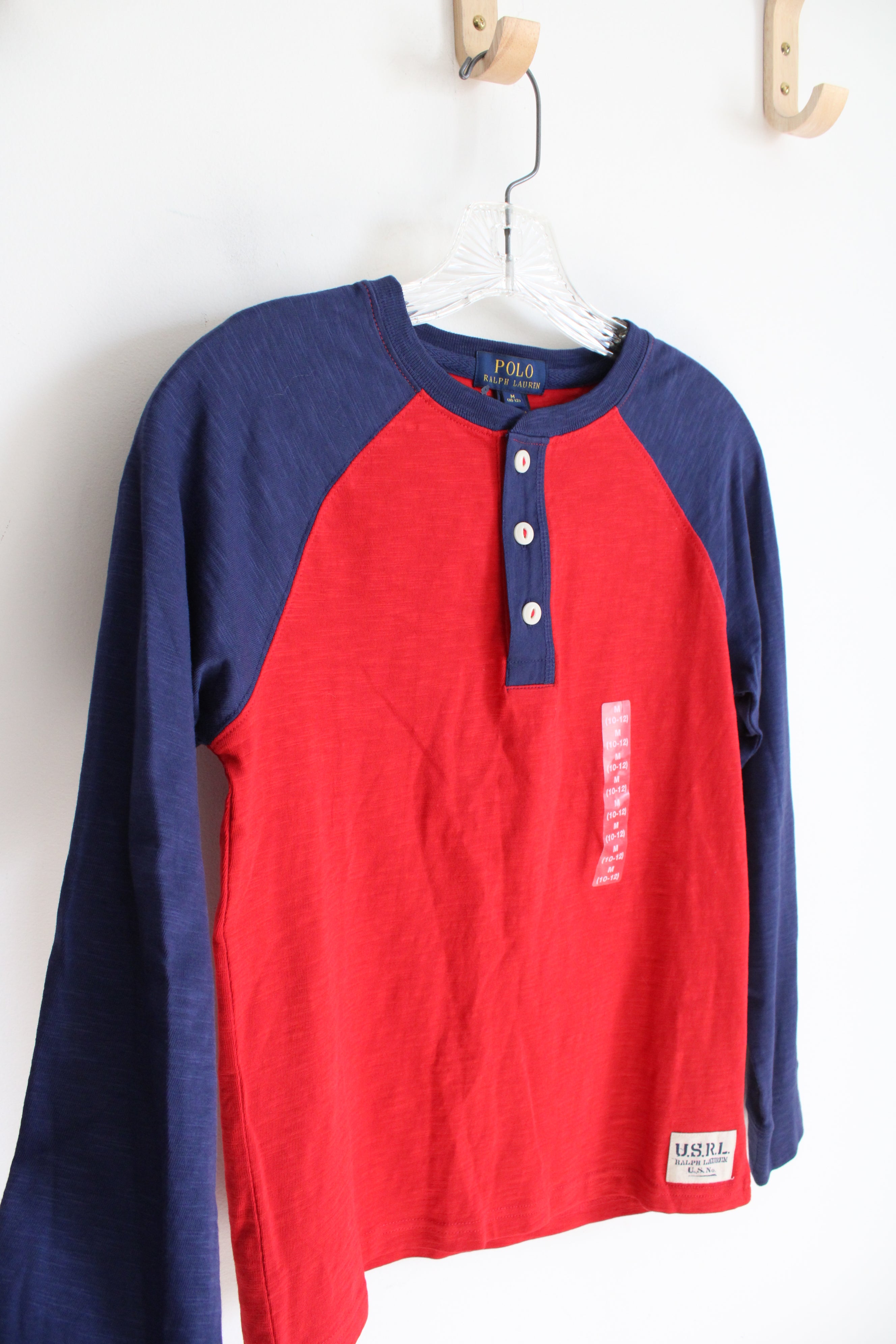 NEW Polo Ralph Lauren Blue & Red Long Sleeved Henley Shirt | Youth M (10/12)