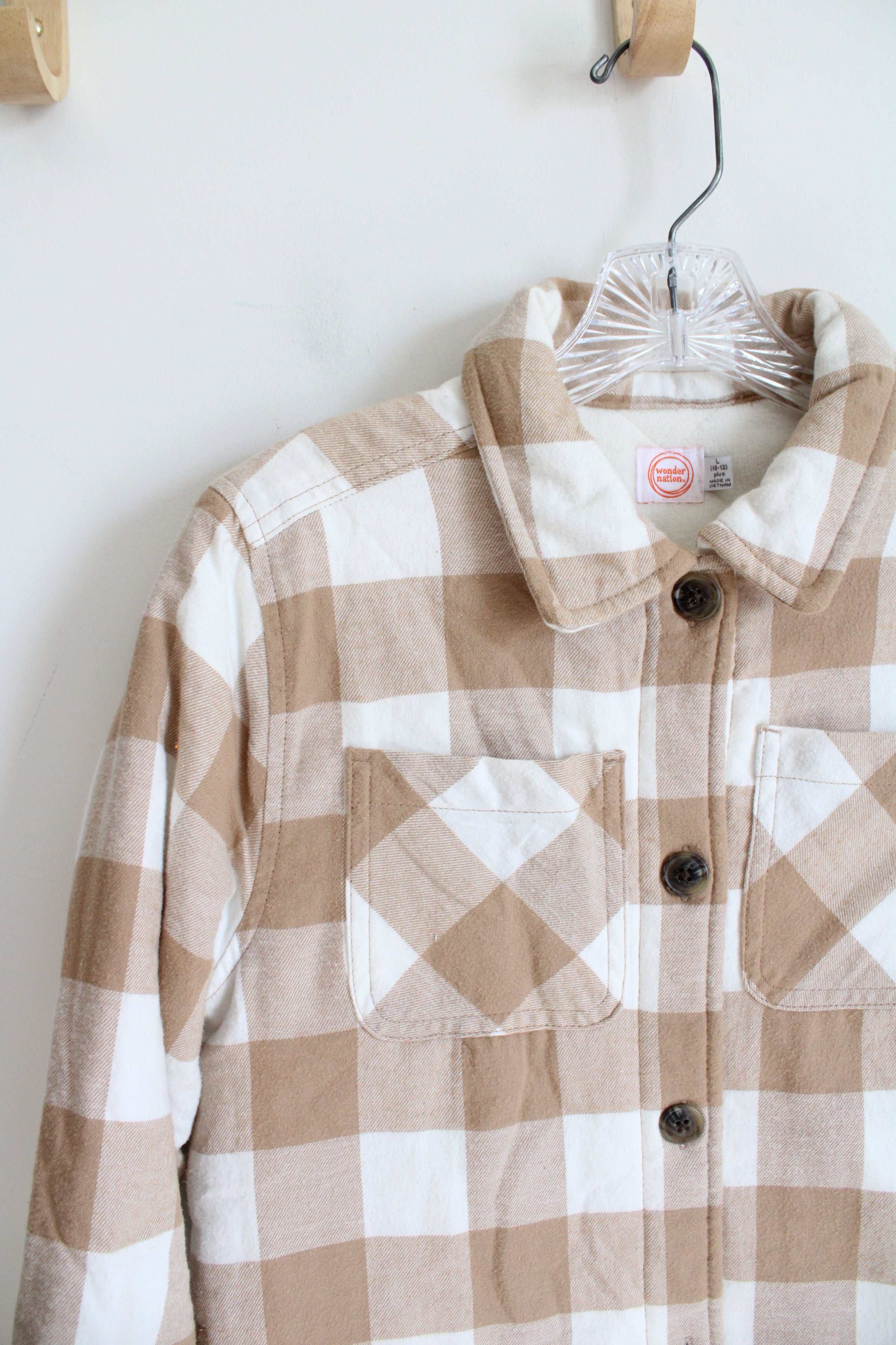 Wonder Nation Tan & Cream Plaid Thick Lined Flannel Jacket | Youth L (10/12)